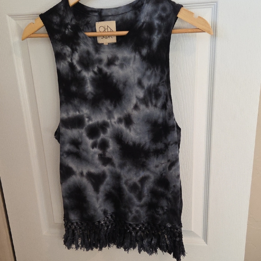 Chaser Black Tie-Dye Fringe Tank Top